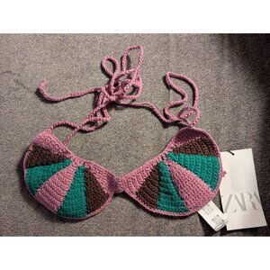 Pink & Green Crochet Bralette By Zara S Cotton Blend Adjustable Ties Geometric